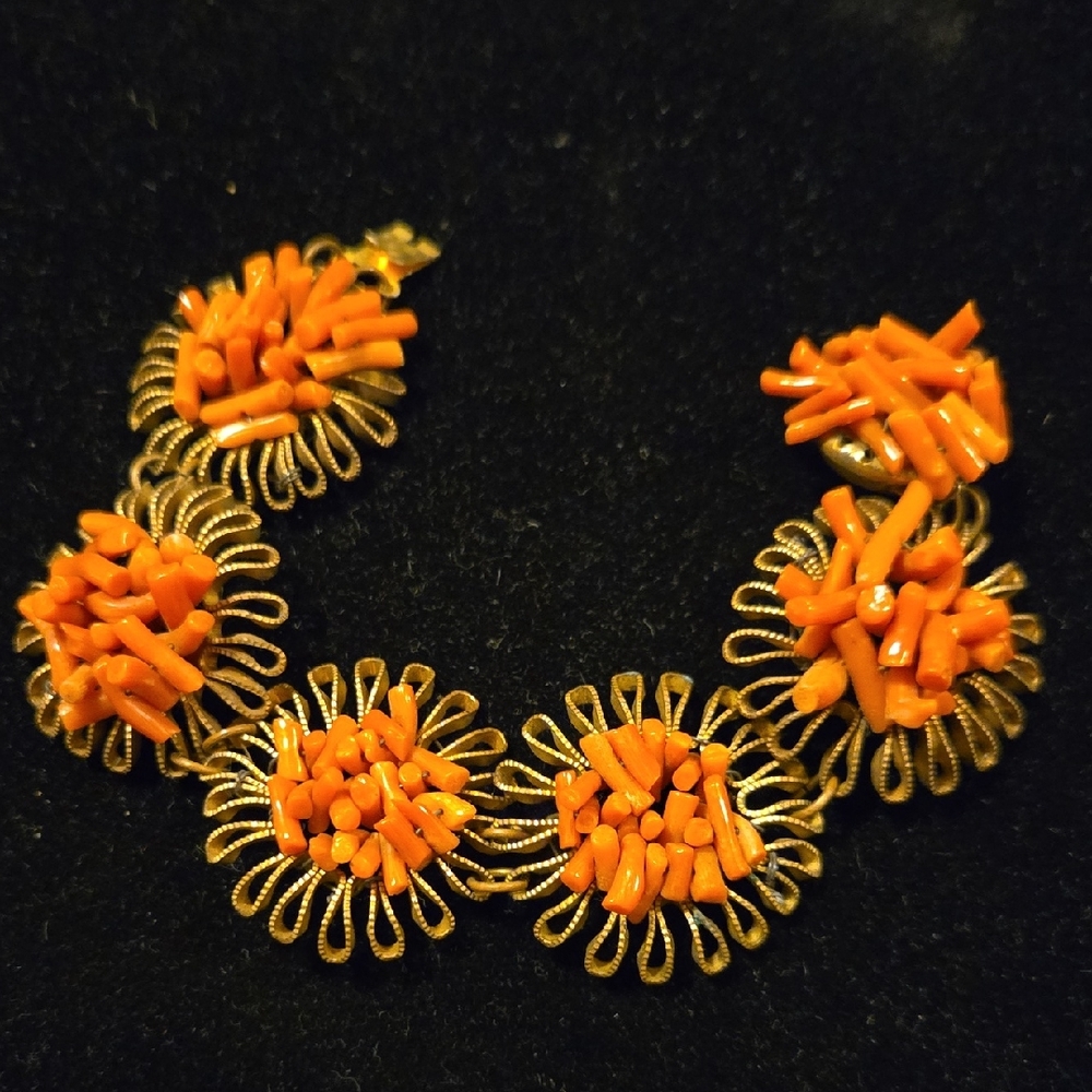 Vintage Coral And Brass Bracelet